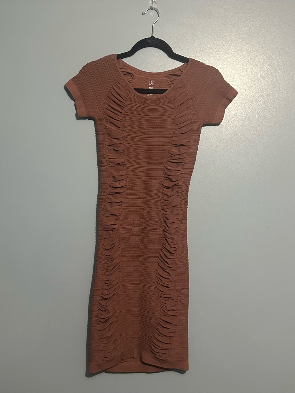 Aura - Mauve Brown Textured Short-Sleeve Bodycon Dress - Stretchy - Large/XL